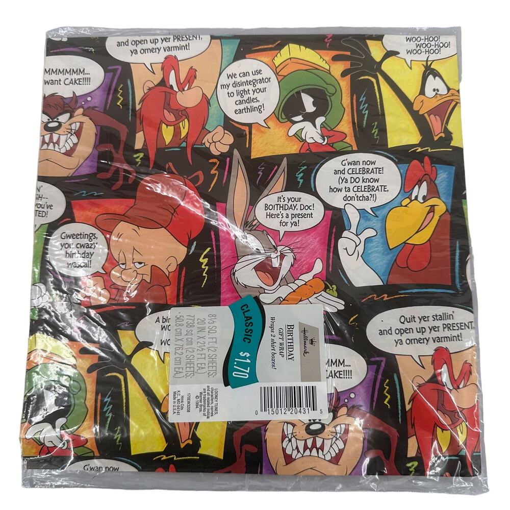 Hallmark Looney Tunes Birthday Gift Wrap Wrapping Paper 1994 2 Sheets NEW